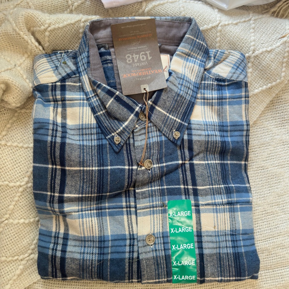 NWT Weatherproof Vintage Mens Flannel Shirt Blue Cobalt Plaid Long Sleeve Sz XL